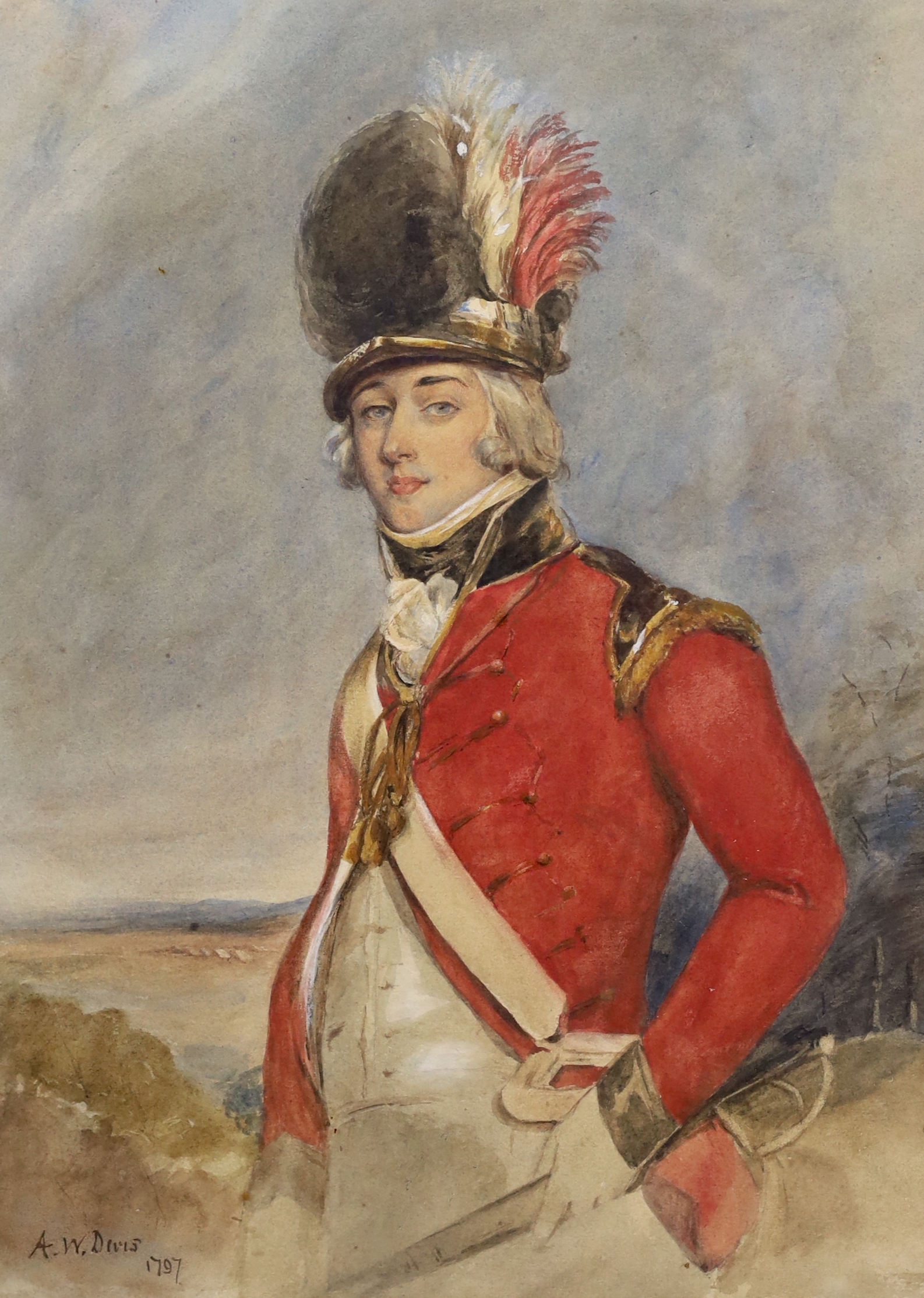 After Arthur William Devis (English, 1763-1822), watercolour, Portrait of Lieutenant Colonel Cockburn, bears signature and date 1797 but thought to be a 19th century work, 42 x 31cm